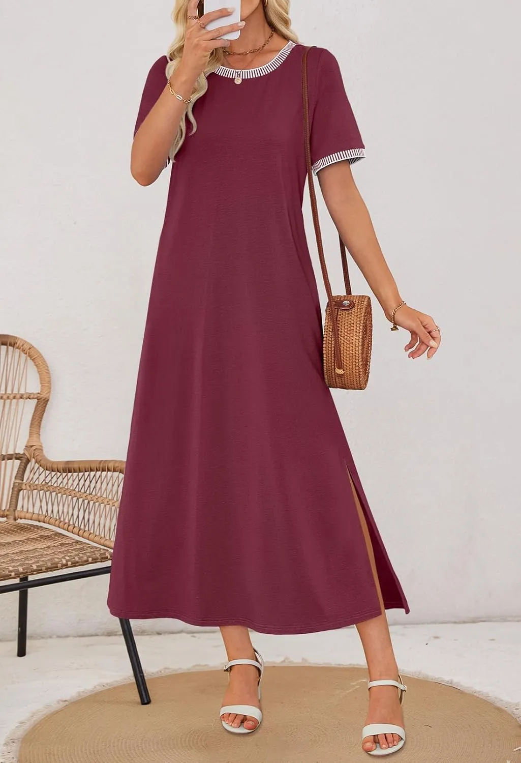 MEROKEETY Women's 2025 Summer Casual Maxi Dress Spring Beach Vacation Short Sleeve Crewneck Split Midi T Shirt Dresses