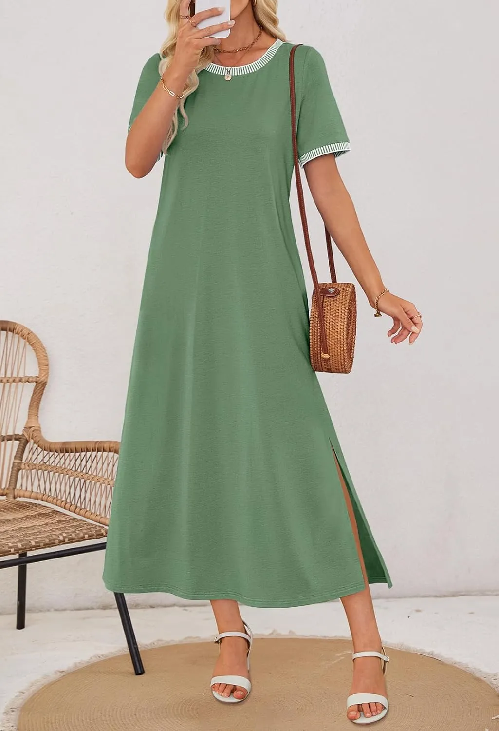 MEROKEETY Women's 2025 Summer Casual Maxi Dress Spring Beach Vacation Short Sleeve Crewneck Split Midi T Shirt Dresses