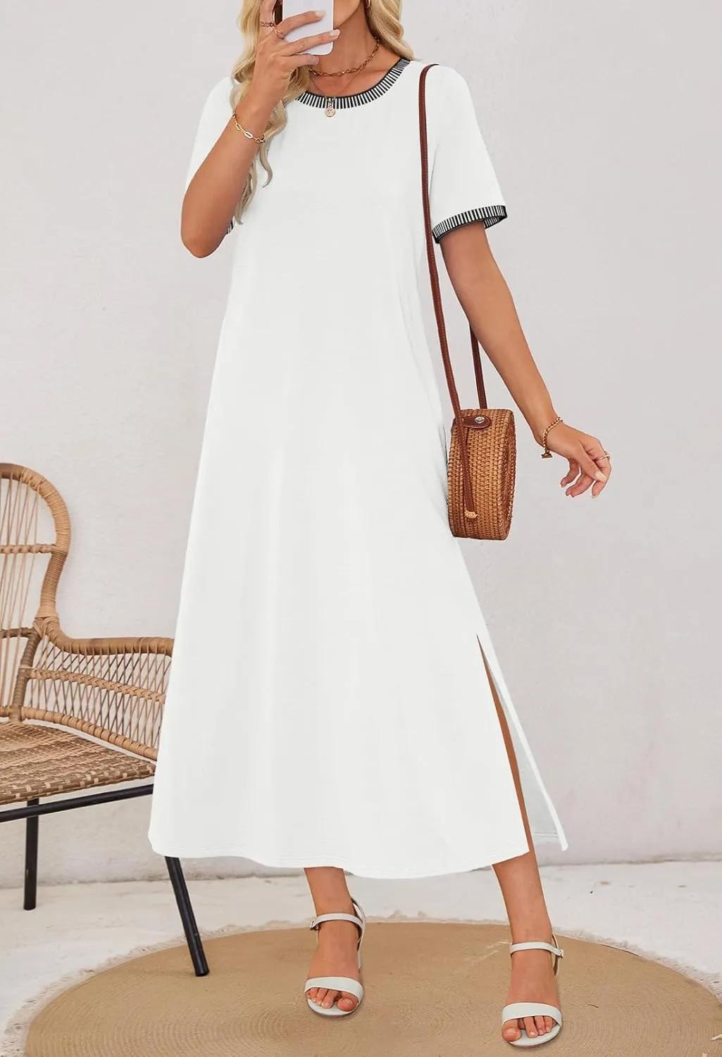 MEROKEETY Women's 2025 Summer Casual Maxi Dress Spring Beach Vacation Short Sleeve Crewneck Split Midi T Shirt Dresses