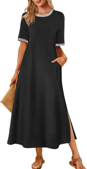 MEROKEETY Women's 2025 Summer Casual Maxi Dress Spring Beach Vacation Short Sleeve Crewneck Split Midi T Shirt Dresses