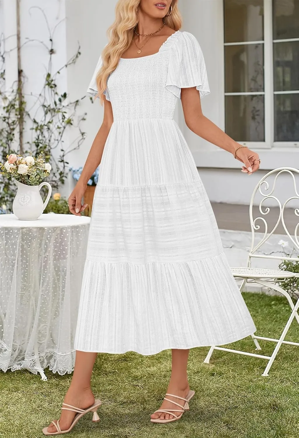 MEROKEETY Women's 2025 Summer Flowy Midi Maxi Dress Short Sleeve Square Neck Smocked Tiered Ruffle Boho Dresses with Pockets