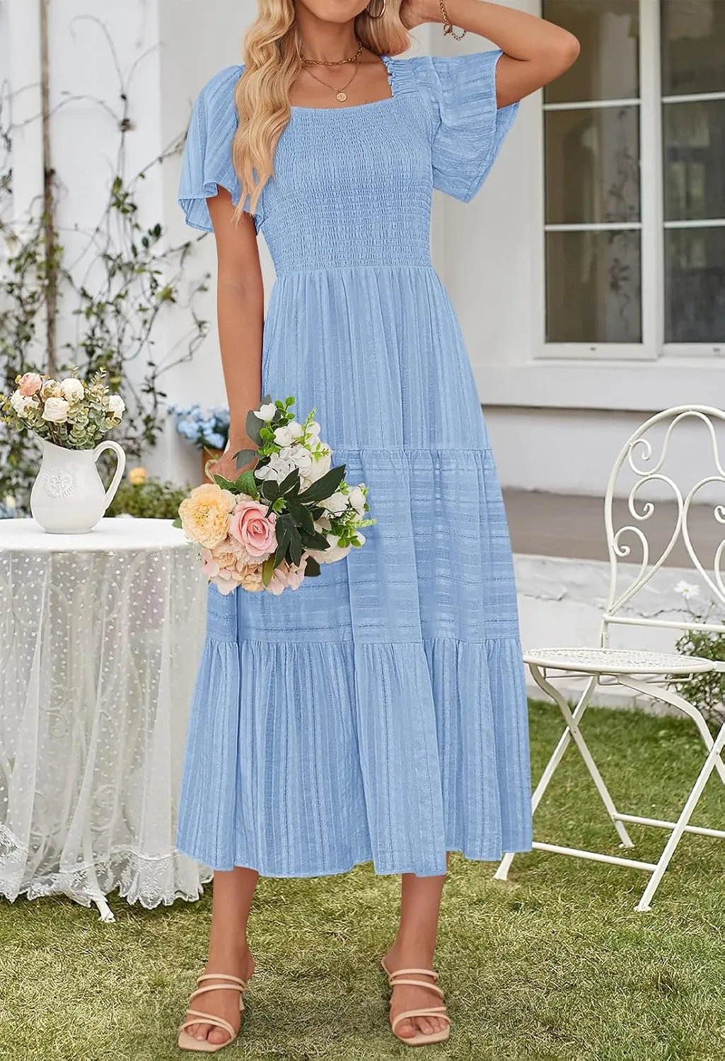 MEROKEETY Women's 2025 Summer Flowy Midi Maxi Dress Short Sleeve Square Neck Smocked Tiered Ruffle Boho Dresses with Pockets