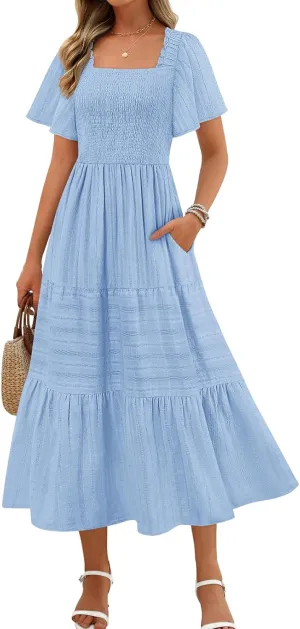 MEROKEETY Women's 2025 Summer Flowy Midi Maxi Dress Short Sleeve Square Neck Smocked Tiered Ruffle Boho Dresses with Pockets