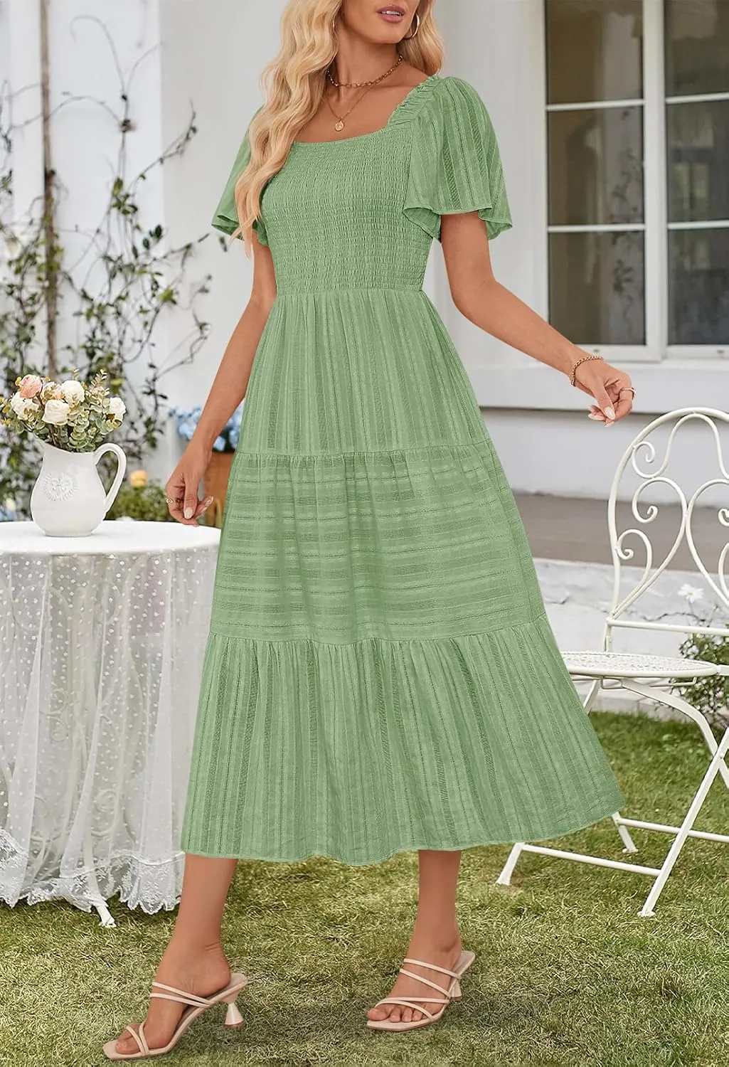 MEROKEETY Women's 2025 Summer Flowy Midi Maxi Dress Short Sleeve Square Neck Smocked Tiered Ruffle Boho Dresses with Pockets