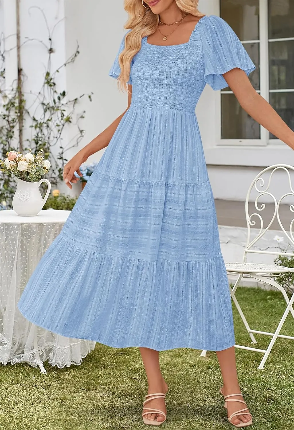 MEROKEETY Women's 2025 Summer Flowy Midi Maxi Dress Short Sleeve Square Neck Smocked Tiered Ruffle Boho Dresses with Pockets