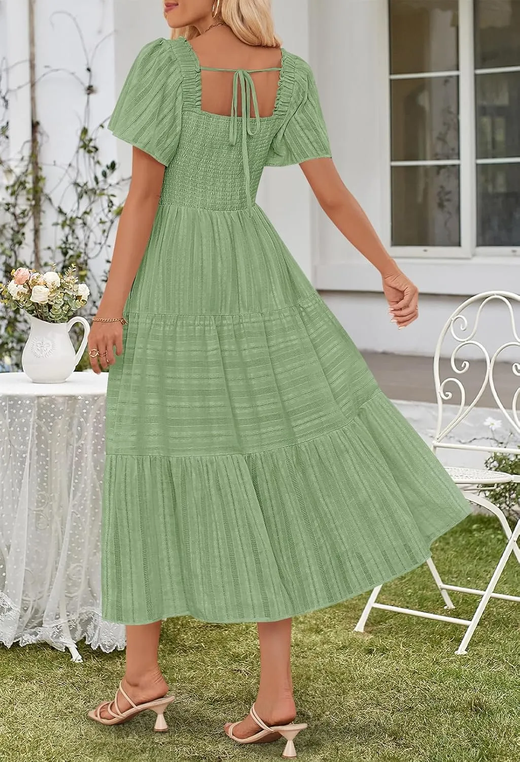 MEROKEETY Women's 2025 Summer Flowy Midi Maxi Dress Short Sleeve Square Neck Smocked Tiered Ruffle Boho Dresses with Pockets