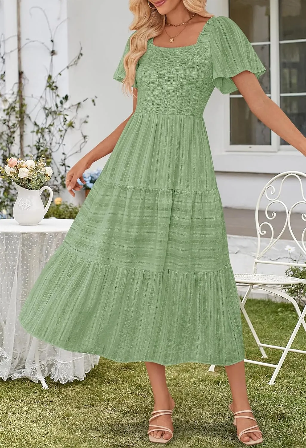 MEROKEETY Women's 2025 Summer Flowy Midi Maxi Dress Short Sleeve Square Neck Smocked Tiered Ruffle Boho Dresses with Pockets