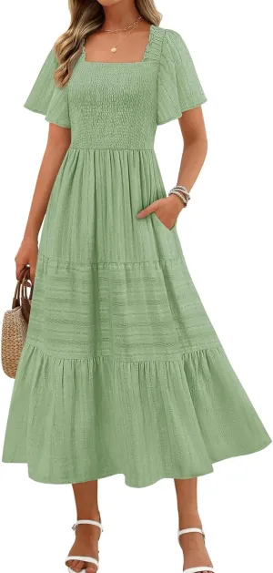 MEROKEETY Women's 2025 Summer Flowy Midi Maxi Dress Short Sleeve Square Neck Smocked Tiered Ruffle Boho Dresses with Pockets