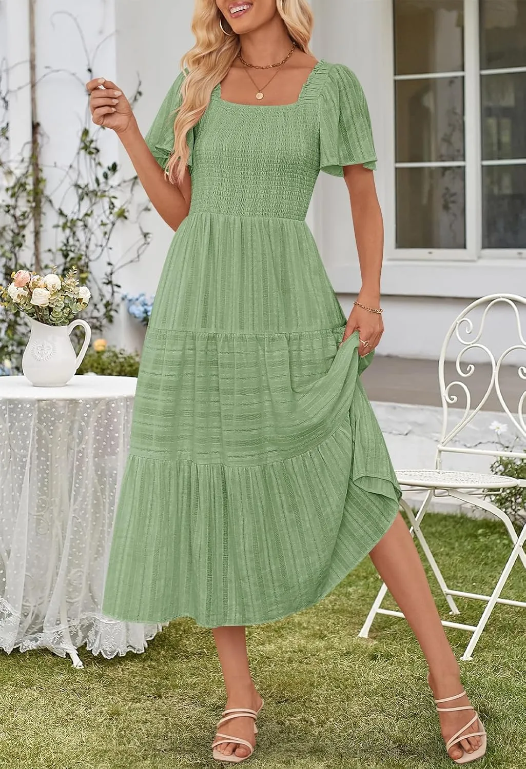 MEROKEETY Women's 2025 Summer Flowy Midi Maxi Dress Short Sleeve Square Neck Smocked Tiered Ruffle Boho Dresses with Pockets