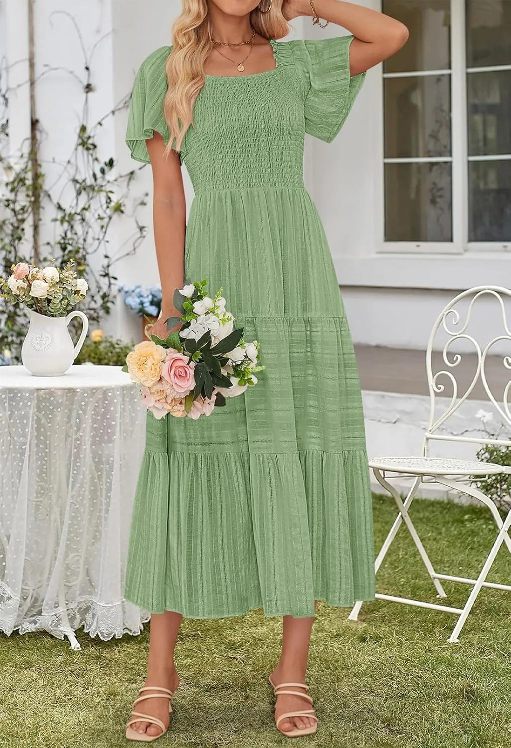 MEROKEETY Women's 2025 Summer Flowy Midi Maxi Dress Short Sleeve Square Neck Smocked Tiered Ruffle Boho Dresses with Pockets