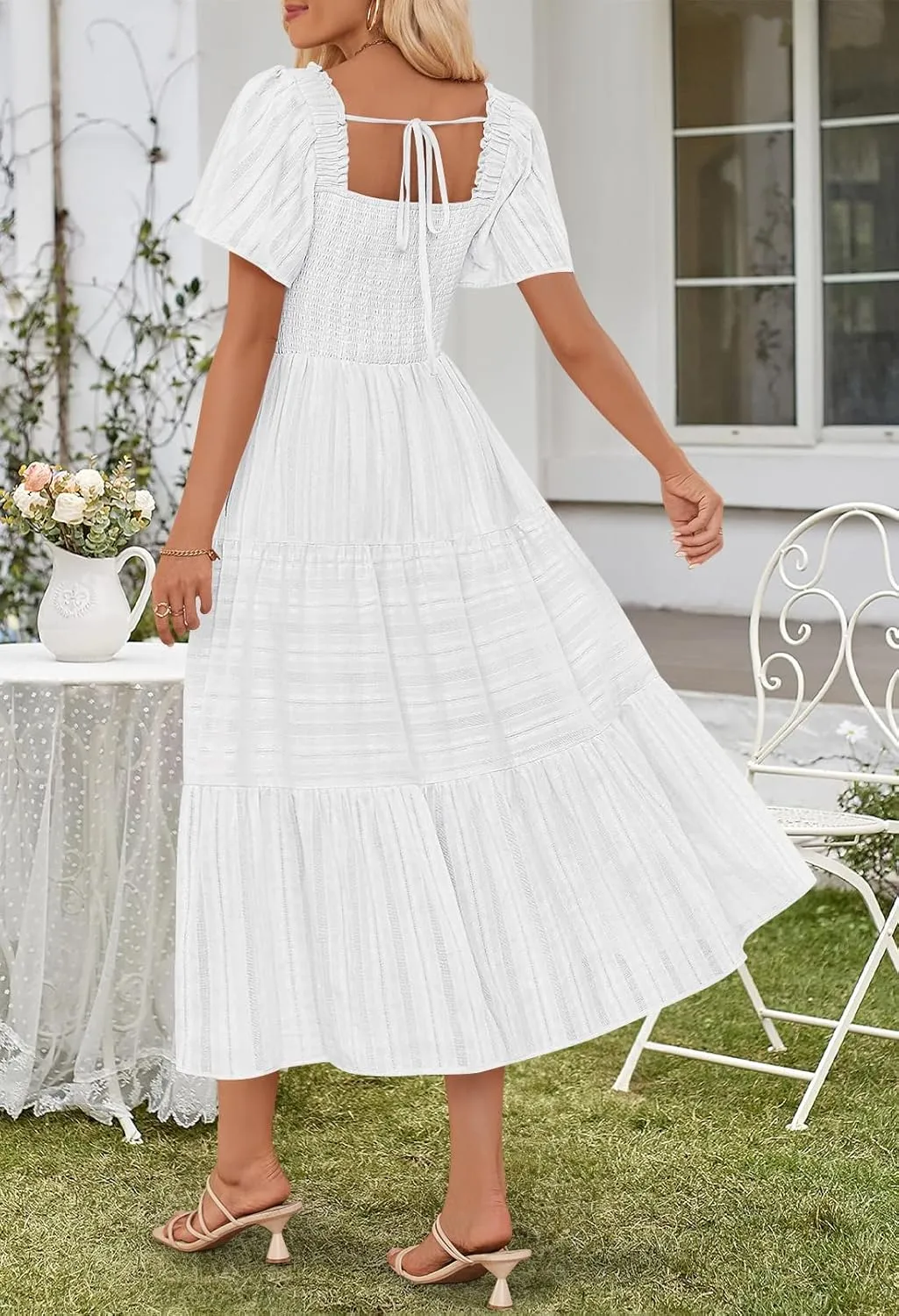 MEROKEETY Women's 2025 Summer Flowy Midi Maxi Dress Short Sleeve Square Neck Smocked Tiered Ruffle Boho Dresses with Pockets