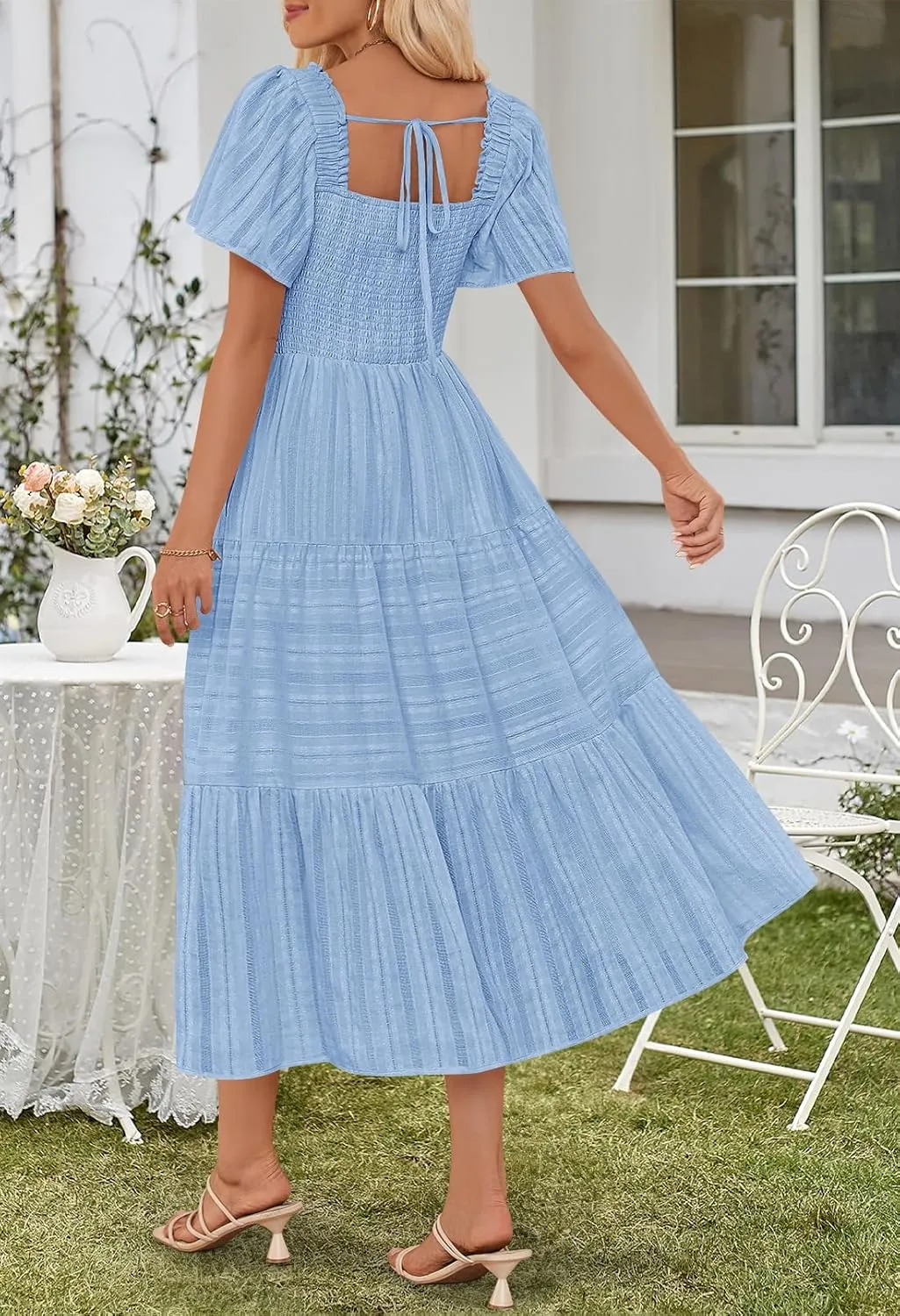 MEROKEETY Women's 2025 Summer Flowy Midi Maxi Dress Short Sleeve Square Neck Smocked Tiered Ruffle Boho Dresses with Pockets