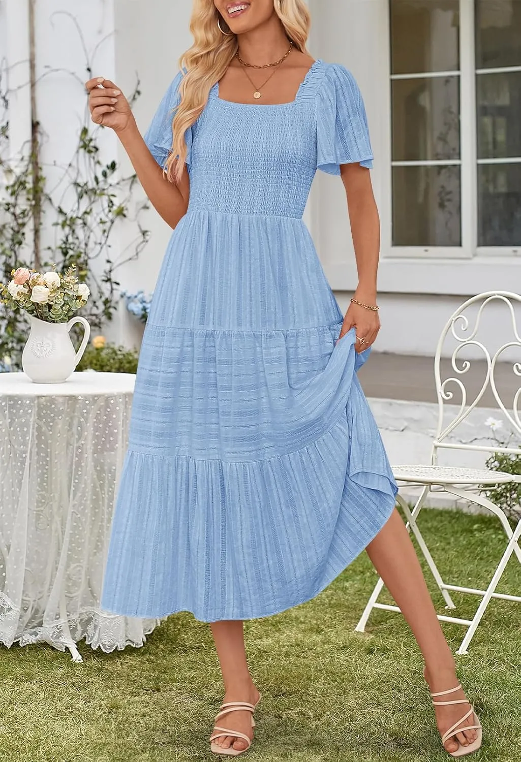 MEROKEETY Women's 2025 Summer Flowy Midi Maxi Dress Short Sleeve Square Neck Smocked Tiered Ruffle Boho Dresses with Pockets