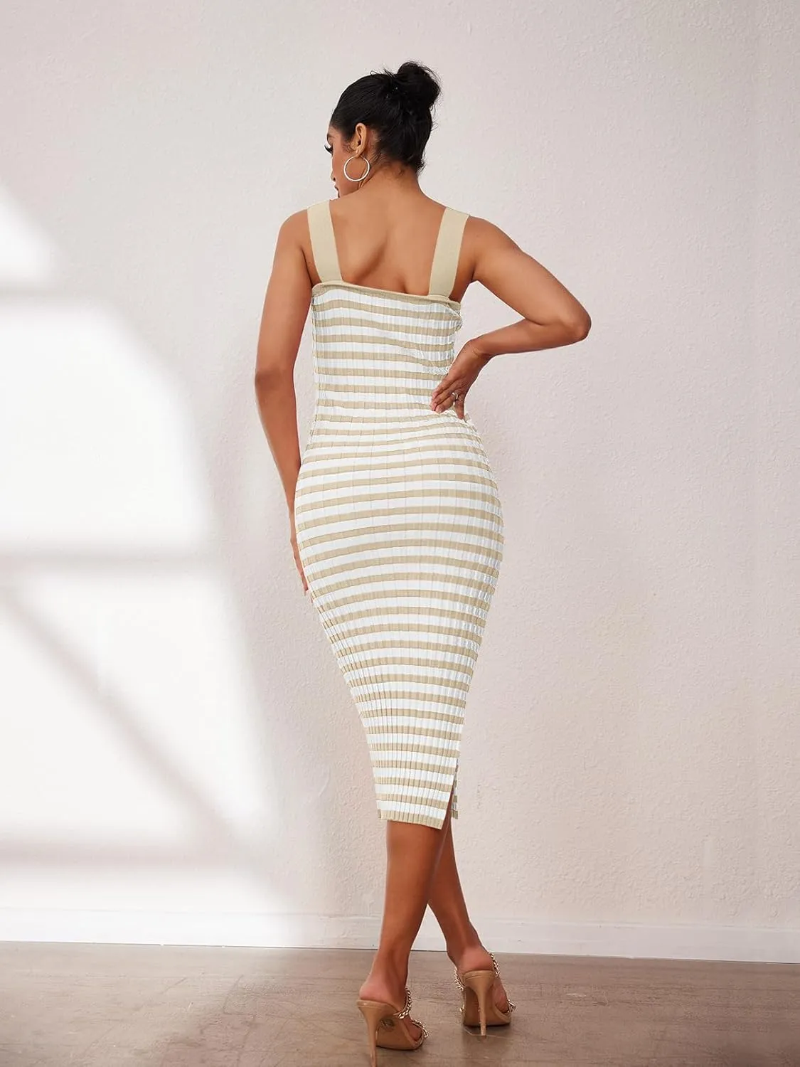 MEROKEETY Women's 2025 Summer Spring Bodycon Midi Dress Vacation Sleeveless Ribbed Knit Striped Party Sweater Dresses