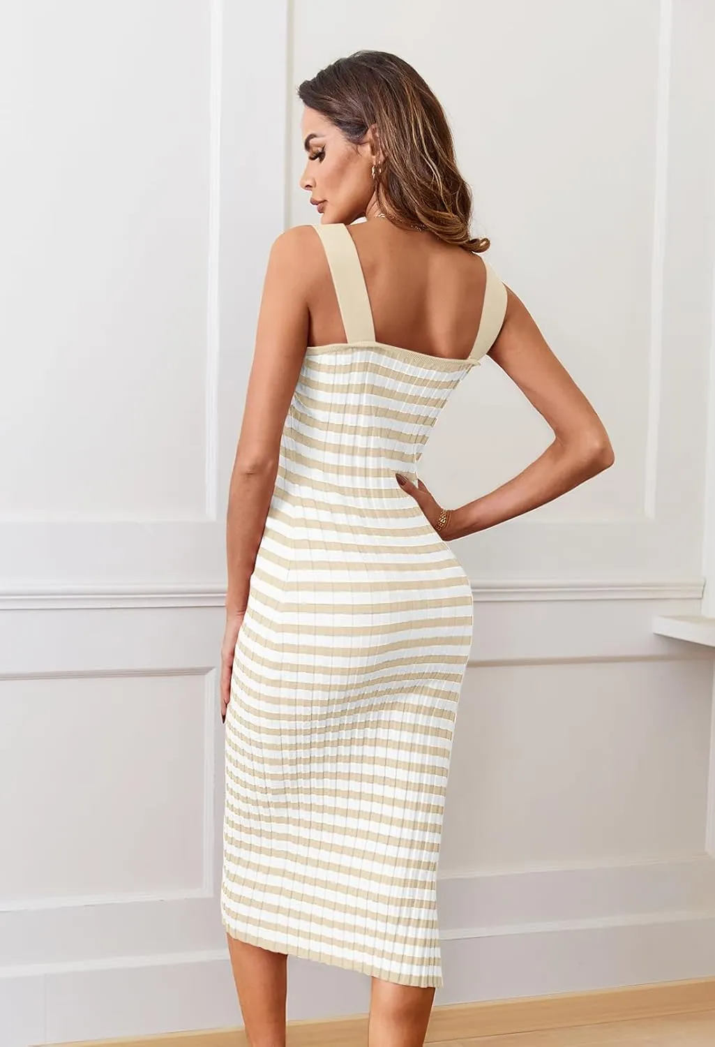 MEROKEETY Women's 2025 Summer Spring Bodycon Midi Dress Vacation Sleeveless Ribbed Knit Striped Party Sweater Dresses