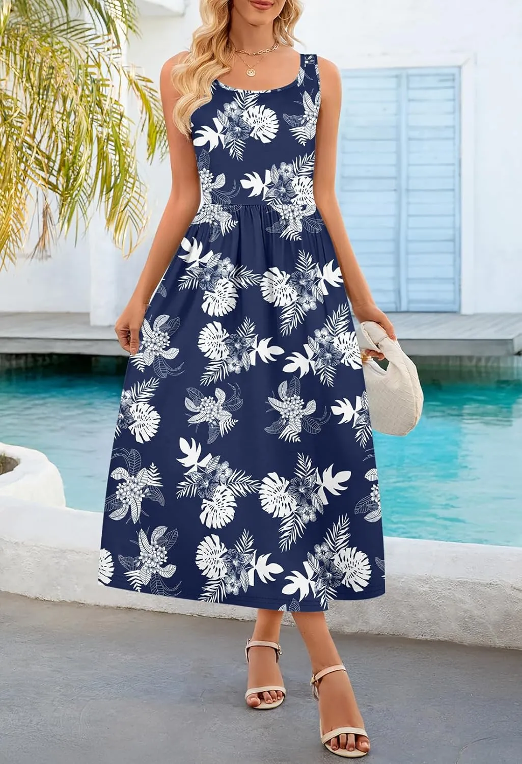 MEROKEETY Women's 2025 Summer Spring Casual Floral Sundress Sleeveless Beach Vacation Flowy Boho Tank Midi Dresses
