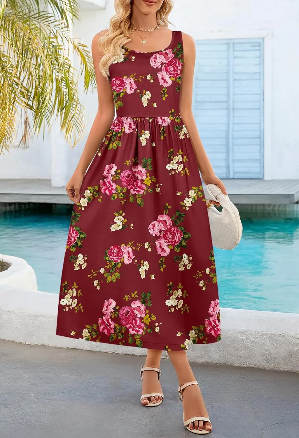 MEROKEETY Women's 2025 Summer Spring Casual Floral Sundress Sleeveless Beach Vacation Flowy Boho Tank Midi Dresses