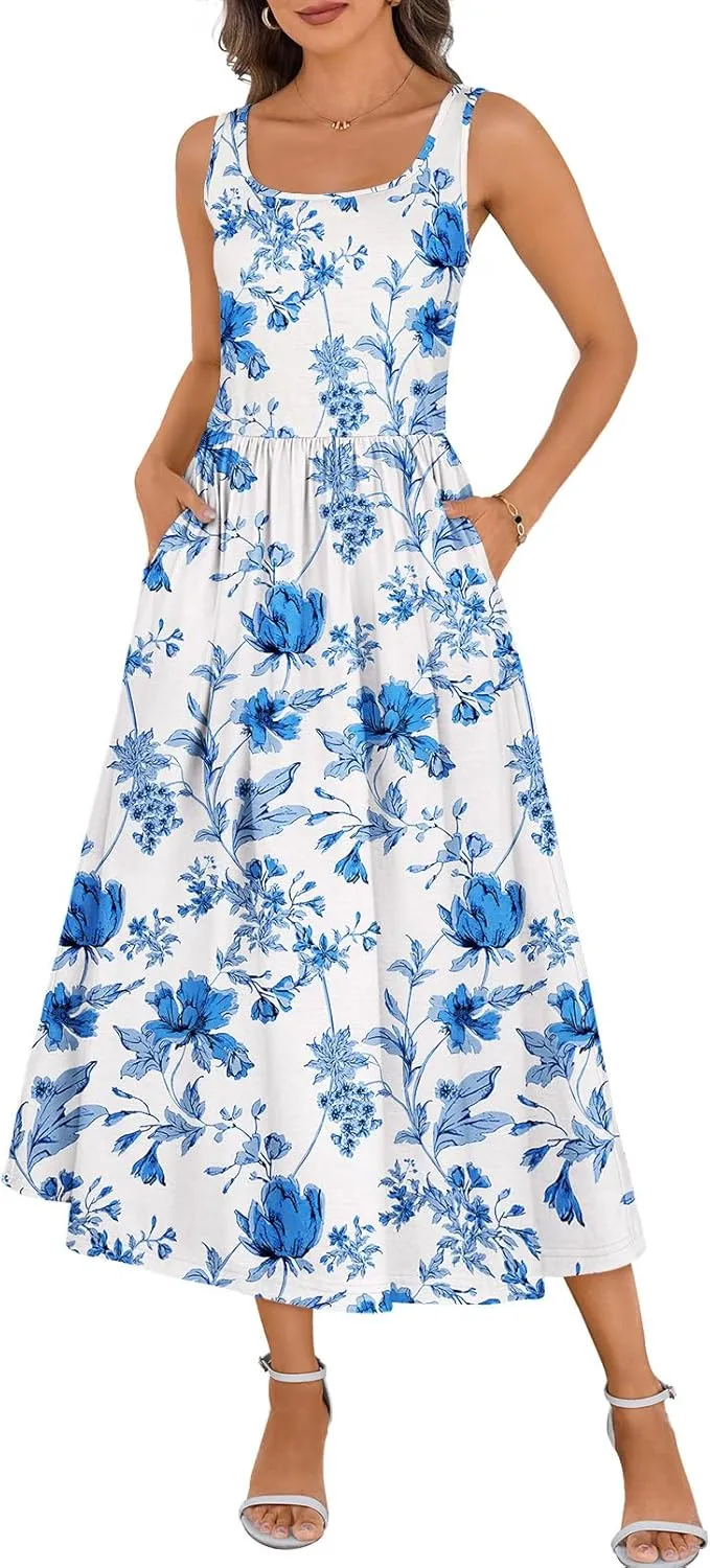 MEROKEETY Women's 2025 Summer Spring Casual Floral Sundress Sleeveless Beach Vacation Flowy Boho Tank Midi Dresses