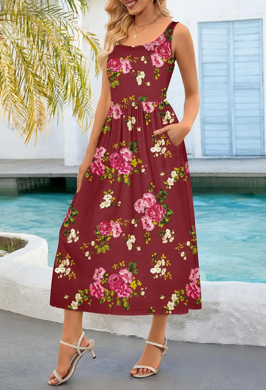 MEROKEETY Women's 2025 Summer Spring Casual Floral Sundress Sleeveless Beach Vacation Flowy Boho Tank Midi Dresses