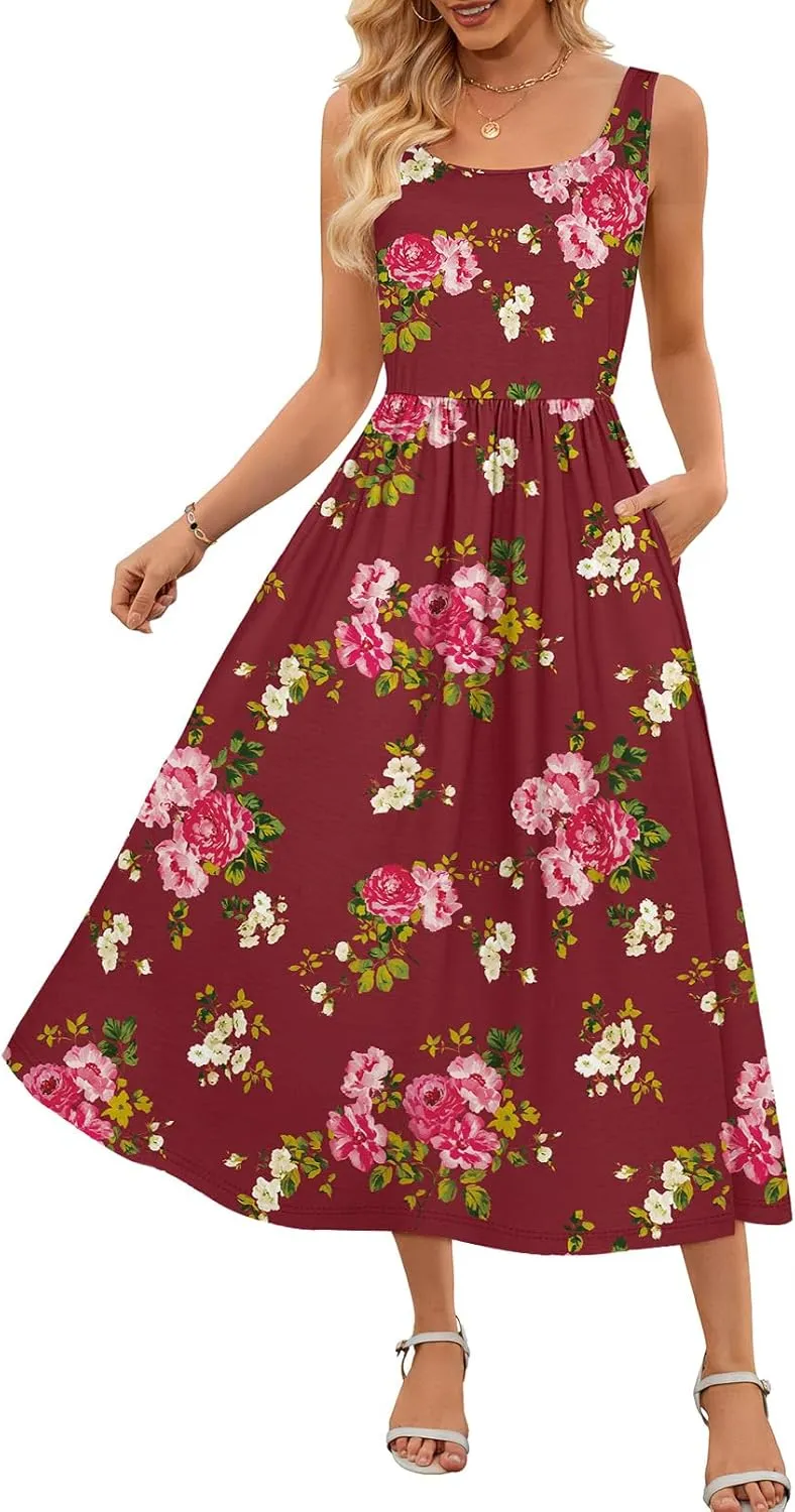 MEROKEETY Women's 2025 Summer Spring Casual Floral Sundress Sleeveless Beach Vacation Flowy Boho Tank Midi Dresses