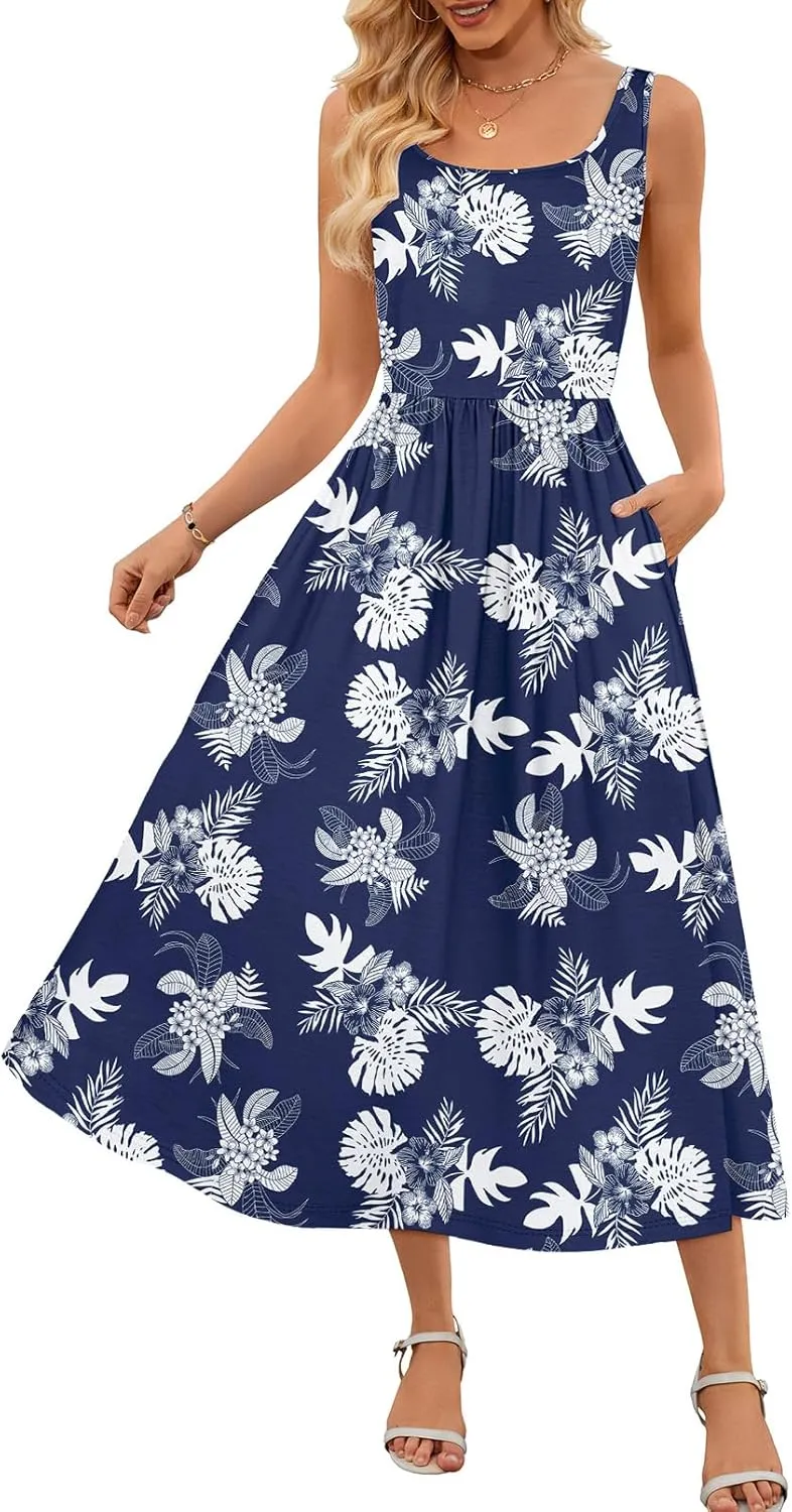 MEROKEETY Women's 2025 Summer Spring Casual Floral Sundress Sleeveless Beach Vacation Flowy Boho Tank Midi Dresses