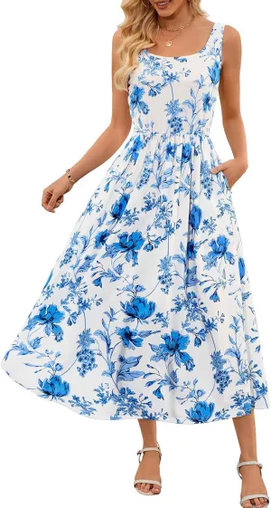MEROKEETY Women's 2025 Summer Spring Casual Floral Sundress Sleeveless Beach Vacation Flowy Boho Tank Midi Dresses