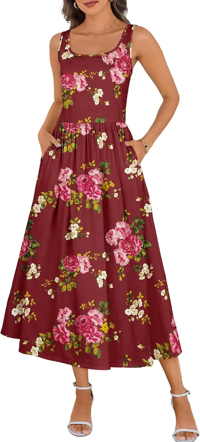 MEROKEETY Women's 2025 Summer Spring Casual Floral Sundress Sleeveless Beach Vacation Flowy Boho Tank Midi Dresses