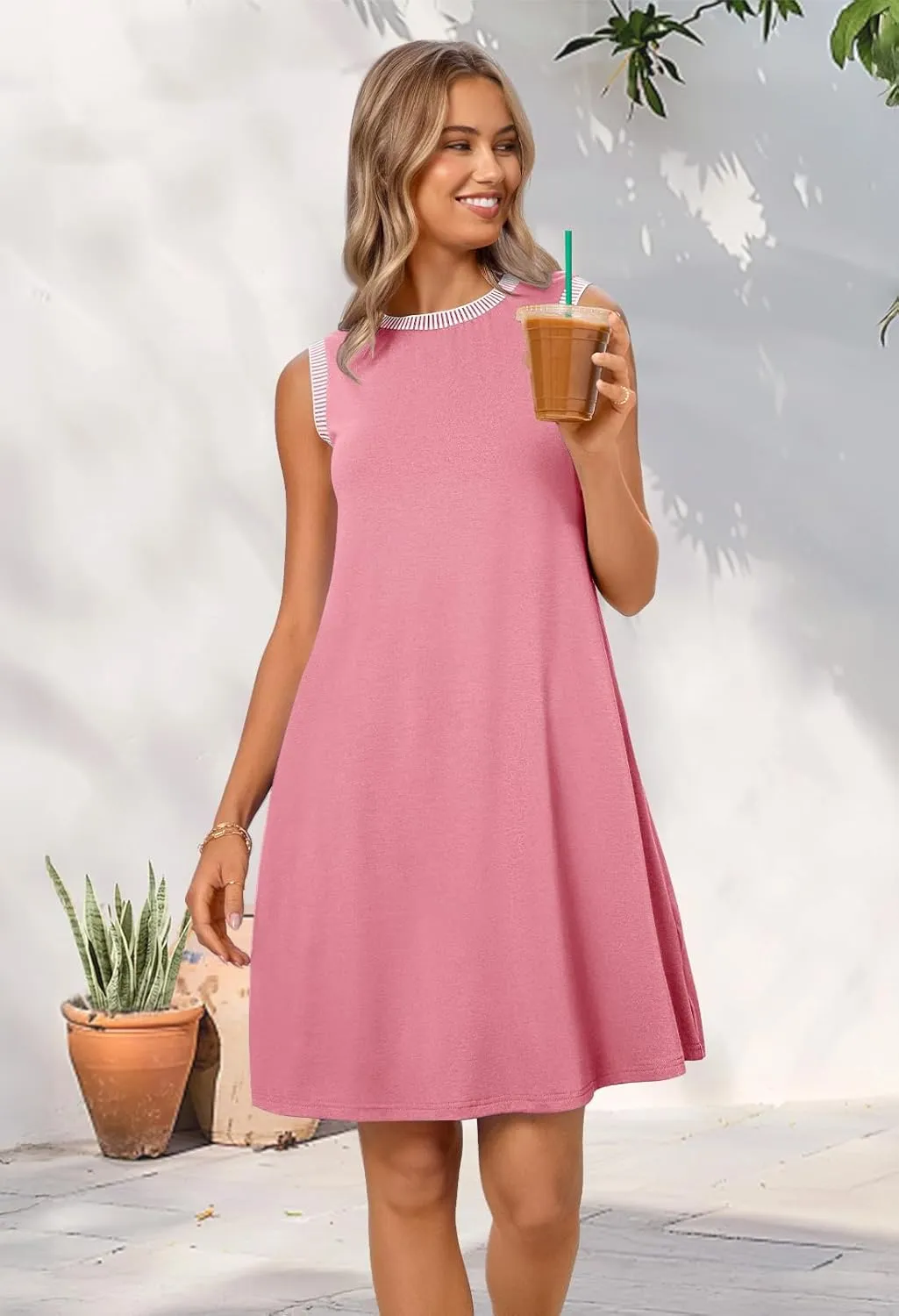 MEROKEETY Women's 2025 Summer Spring Casual Sundress Beach Vacation Sleeveless Tank Crewneck Coverup Mini Dresses