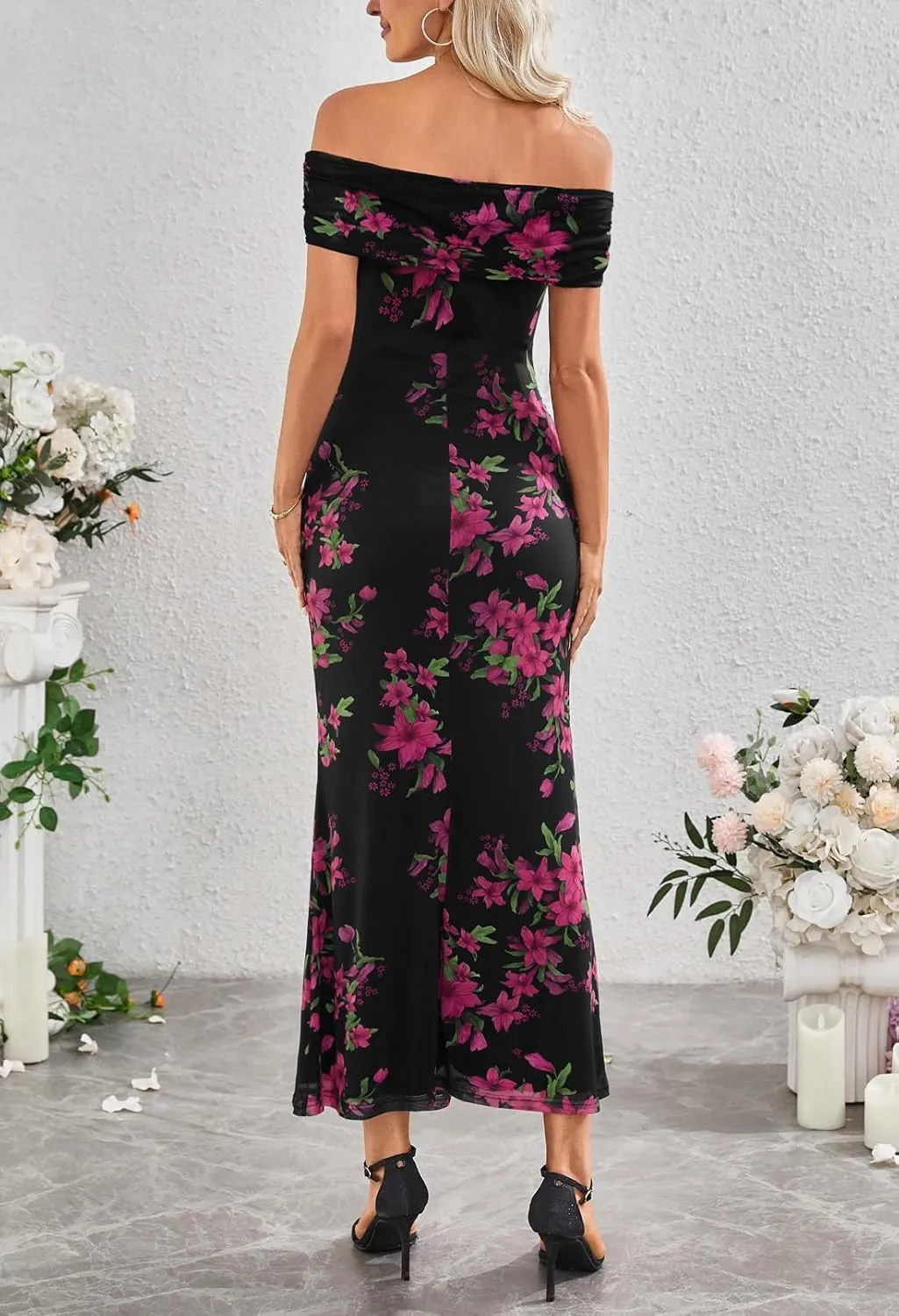 MEROKEETY Women's Summer Off Shoulder Floral Maxi Dress 2025 Formal Wedding Guest Cocktail Bodycon Dresses