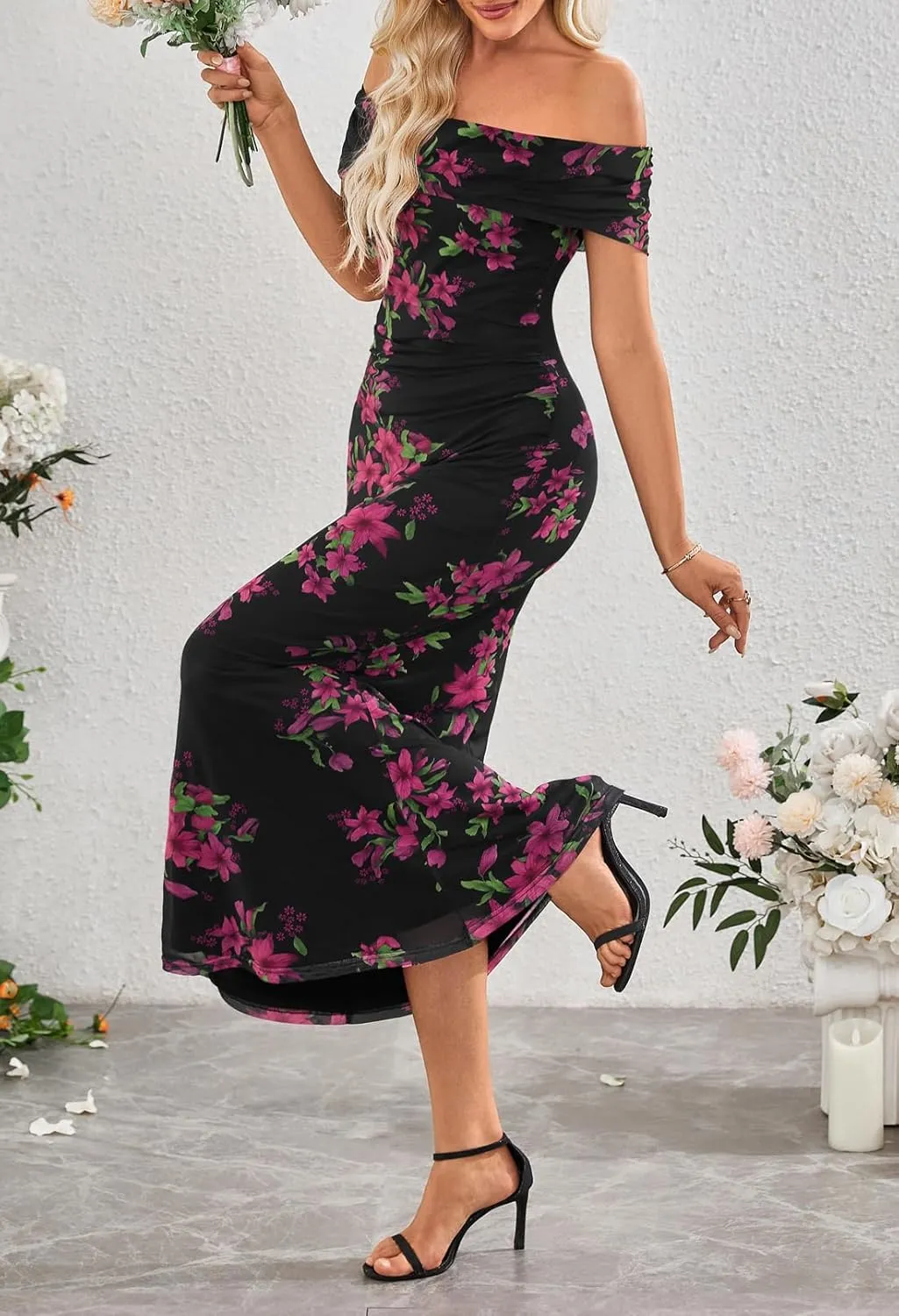 MEROKEETY Women's Summer Off Shoulder Floral Maxi Dress 2025 Formal Wedding Guest Cocktail Bodycon Dresses
