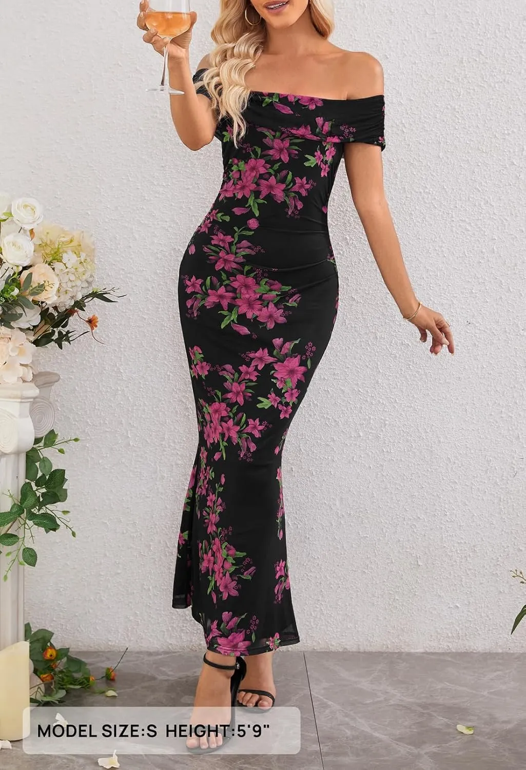 MEROKEETY Women's Summer Off Shoulder Floral Maxi Dress 2025 Formal Wedding Guest Cocktail Bodycon Dresses