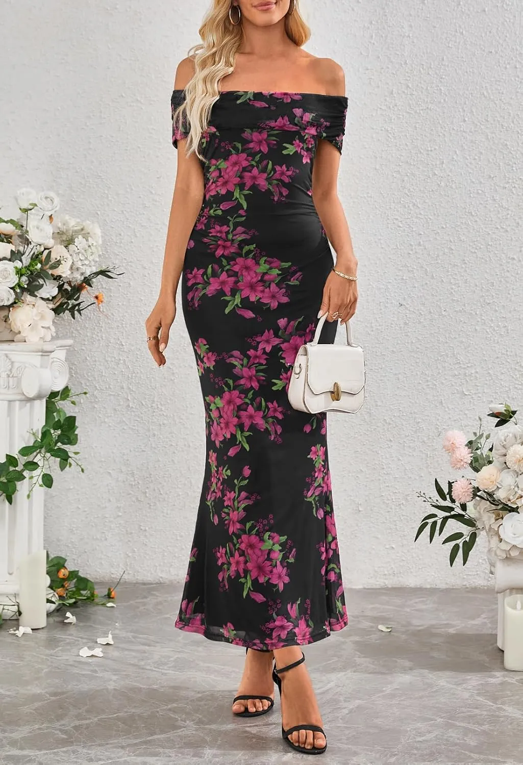 MEROKEETY Women's Summer Off Shoulder Floral Maxi Dress 2025 Formal Wedding Guest Cocktail Bodycon Dresses