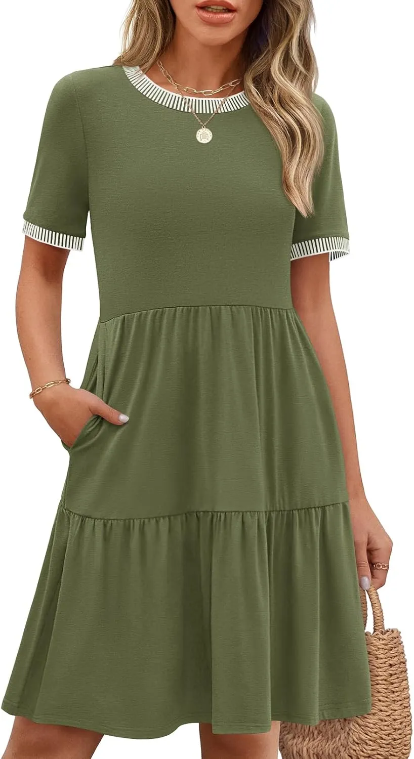 MEROKEETY Women's Summer Spring Casual Short Sleeve Sundress 2025 Beach Vacation Flowy A Line Tiered Mini T Shirt Dresses