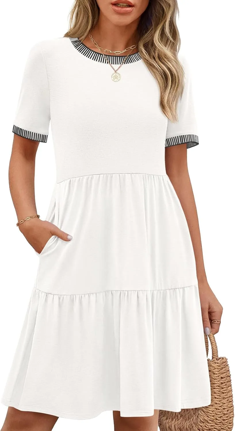 MEROKEETY Women's Summer Spring Casual Short Sleeve Sundress 2025 Beach Vacation Flowy A Line Tiered Mini T Shirt Dresses