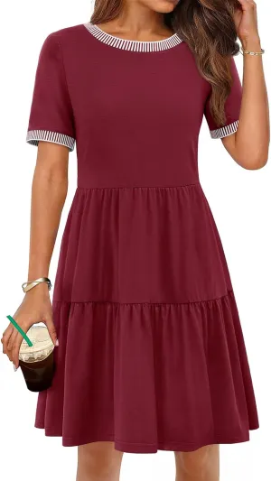 MEROKEETY Women's Summer Spring Casual Short Sleeve Sundress 2025 Beach Vacation Flowy A Line Tiered Mini T Shirt Dresses
