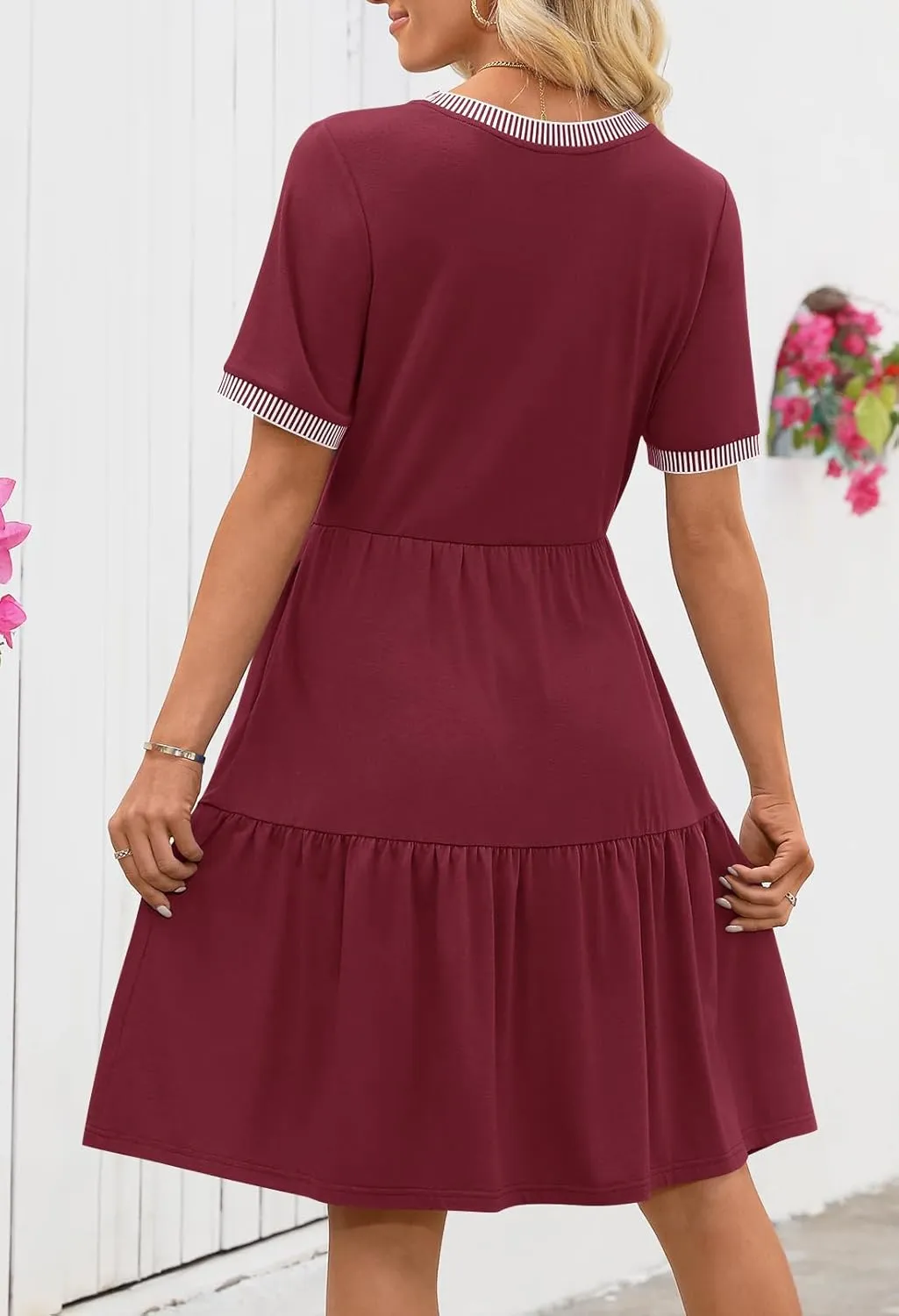 MEROKEETY Women's Summer Spring Casual Short Sleeve Sundress 2025 Beach Vacation Flowy A Line Tiered Mini T Shirt Dresses