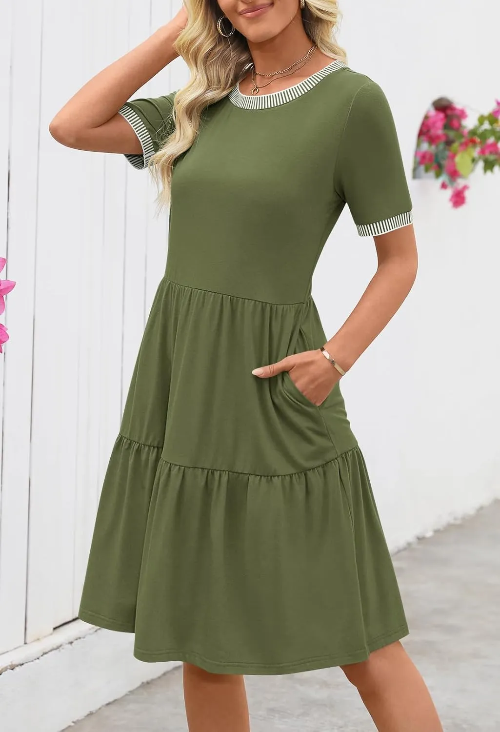MEROKEETY Women's Summer Spring Casual Short Sleeve Sundress 2025 Beach Vacation Flowy A Line Tiered Mini T Shirt Dresses
