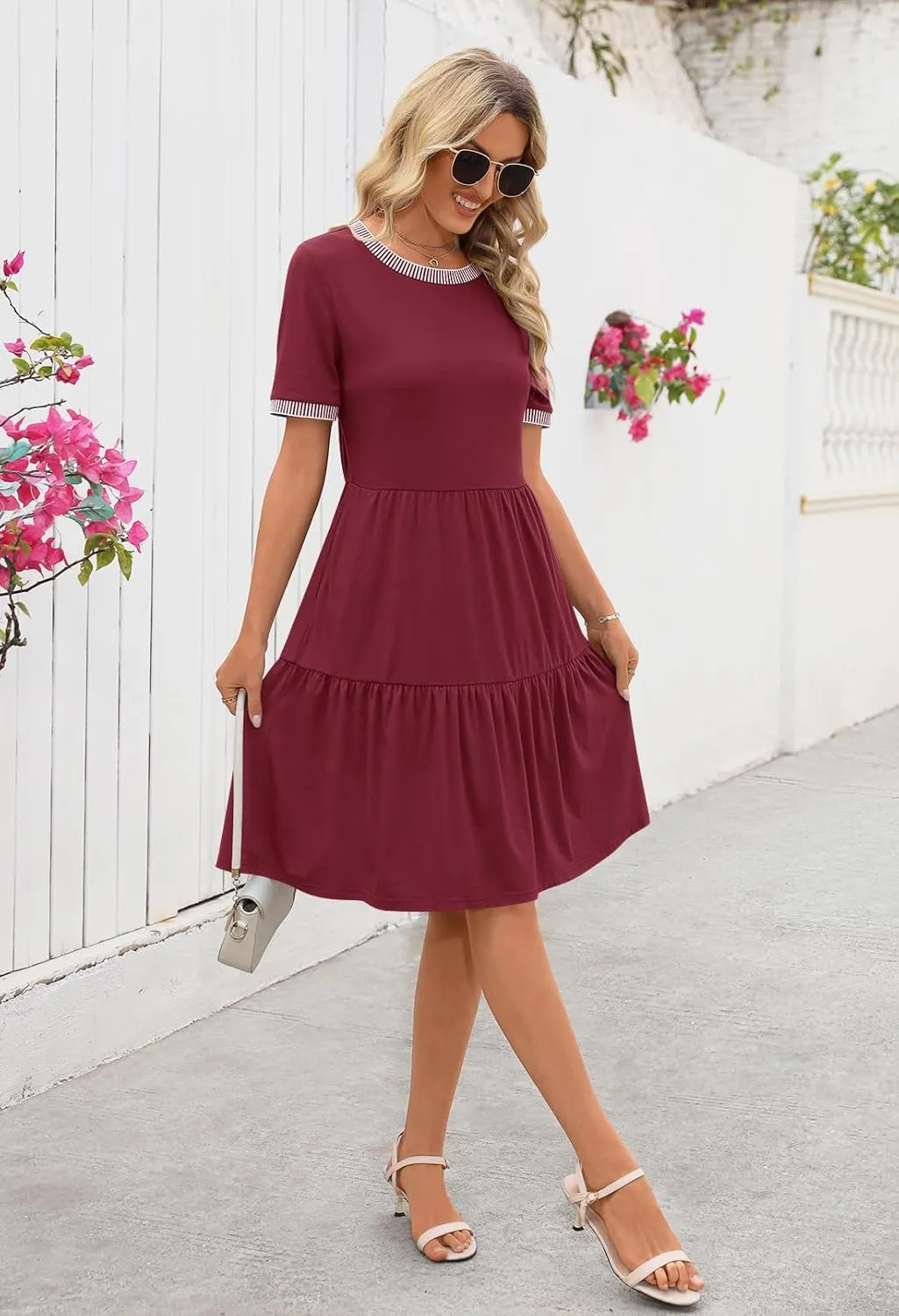 MEROKEETY Women's Summer Spring Casual Short Sleeve Sundress 2025 Beach Vacation Flowy A Line Tiered Mini T Shirt Dresses