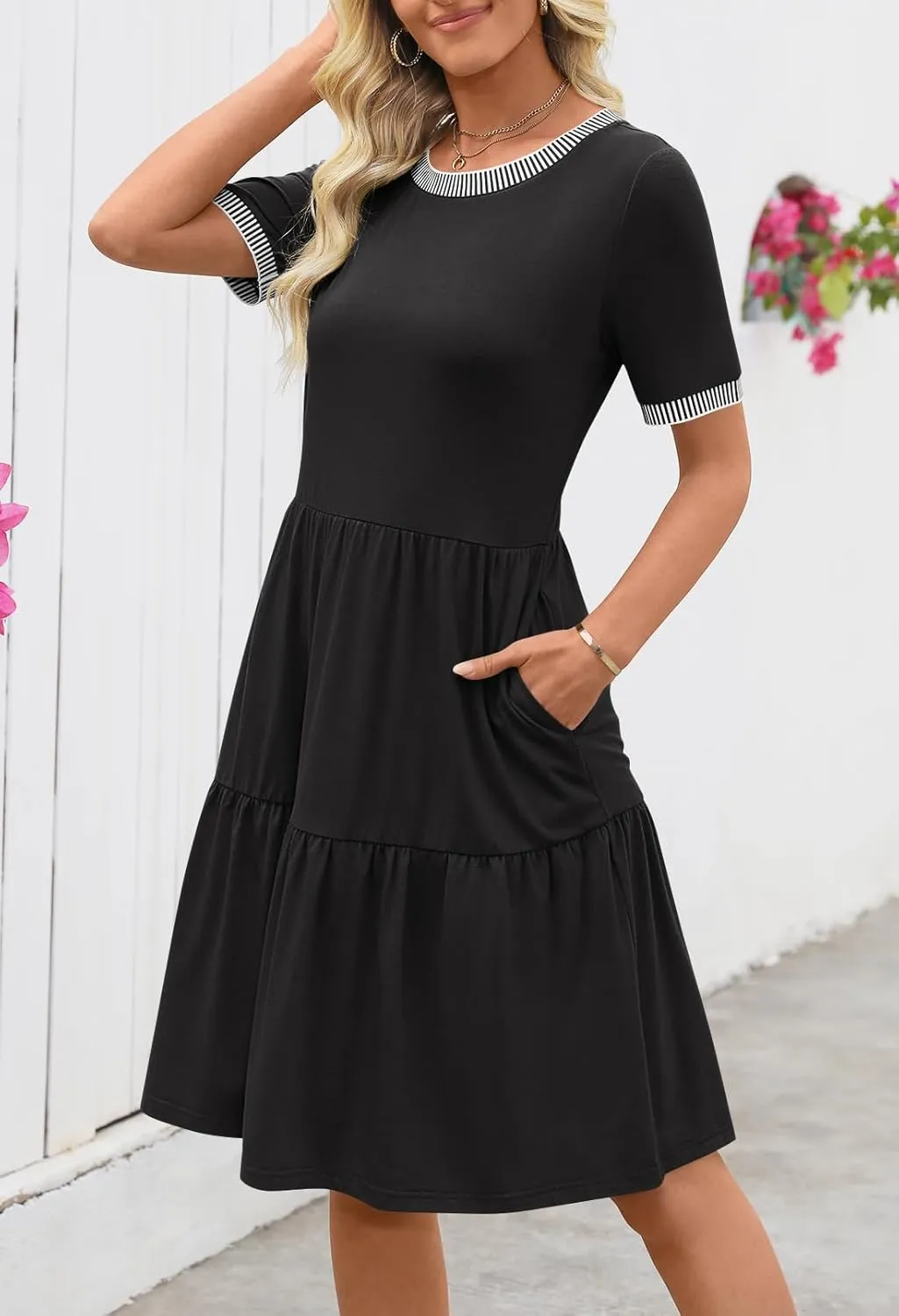 MEROKEETY Women's Summer Spring Casual Short Sleeve Sundress 2025 Beach Vacation Flowy A Line Tiered Mini T Shirt Dresses