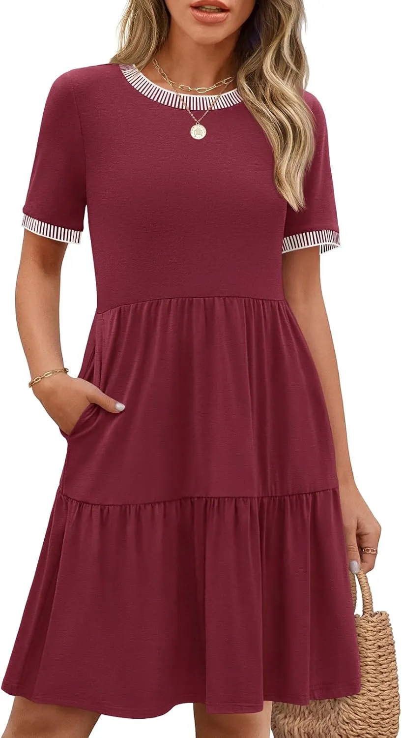 MEROKEETY Women's Summer Spring Casual Short Sleeve Sundress 2025 Beach Vacation Flowy A Line Tiered Mini T Shirt Dresses