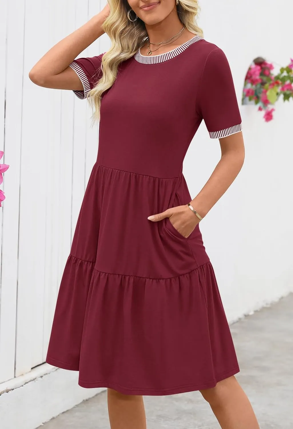 MEROKEETY Women's Summer Spring Casual Short Sleeve Sundress 2025 Beach Vacation Flowy A Line Tiered Mini T Shirt Dresses