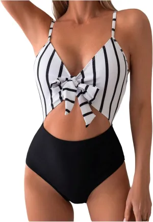 Milumia Women's One Piece Swimsuit Striped Cut Out Bow Front Vacation Swimwear