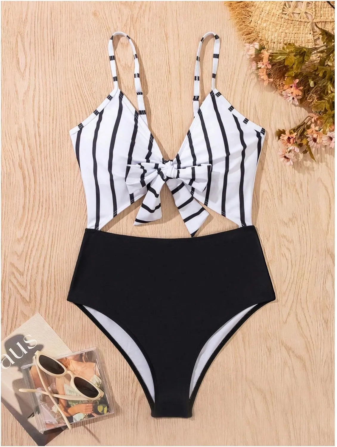 Milumia Women's One Piece Swimsuit Striped Cut Out Bow Front Vacation Swimwear