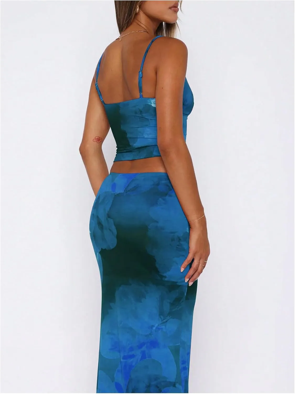 Milumia Women's Vacation Outfit Floral Spaghetti Strap Cami and Bodycon Maxi Skirt Set
