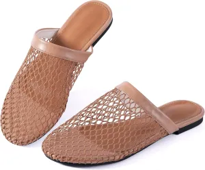 Mtzyoa Women Flat Sandals Mesh Knit Hollow Braided Summer Breathable Openwork Cushioned Non Slip Slip-On Dressy Casual Vacation Bohemian Cute Slides