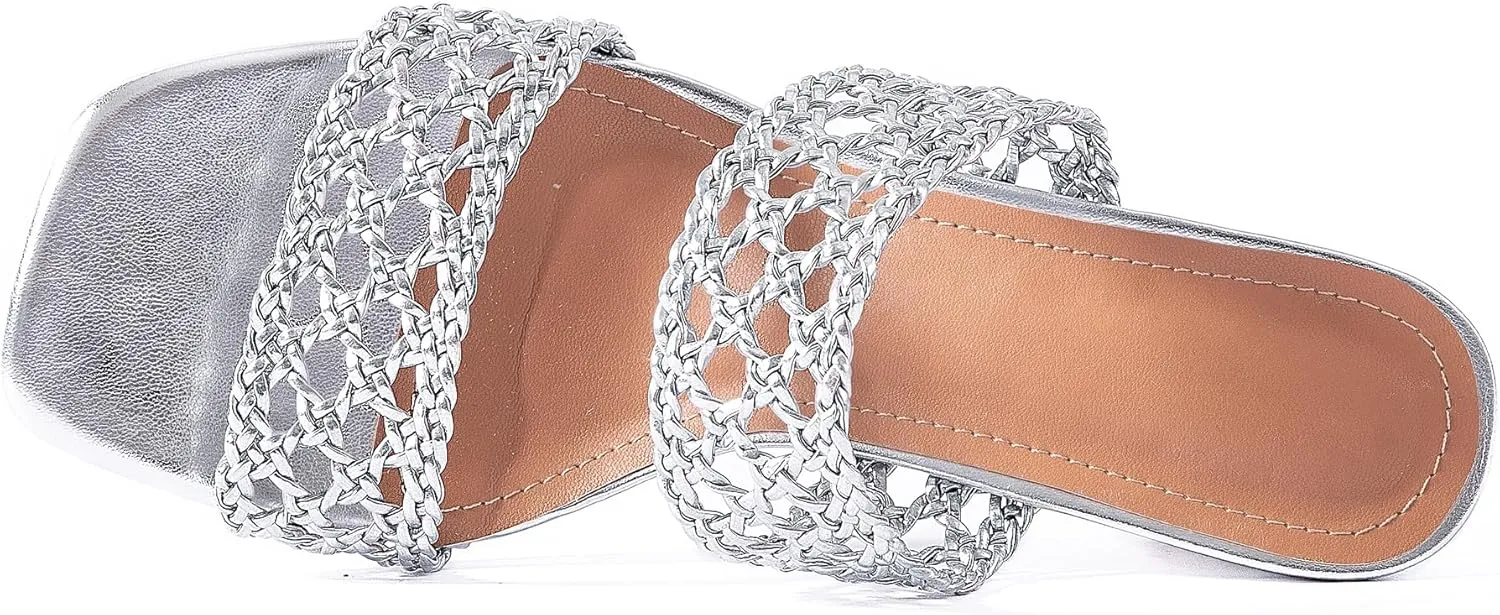 Mtzyoa Women Heels Sandals Summer Hollow Braided Strap Beach Slides Vacation Bohemian Casual Dressy Non Slip Square Toe Everyday Essentials
