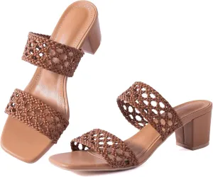 Mtzyoa Women Heels Sandals Summer Hollow Braided Strap Beach Slides Vacation Bohemian Casual Dressy Non Slip Square Toe Everyday Essentials