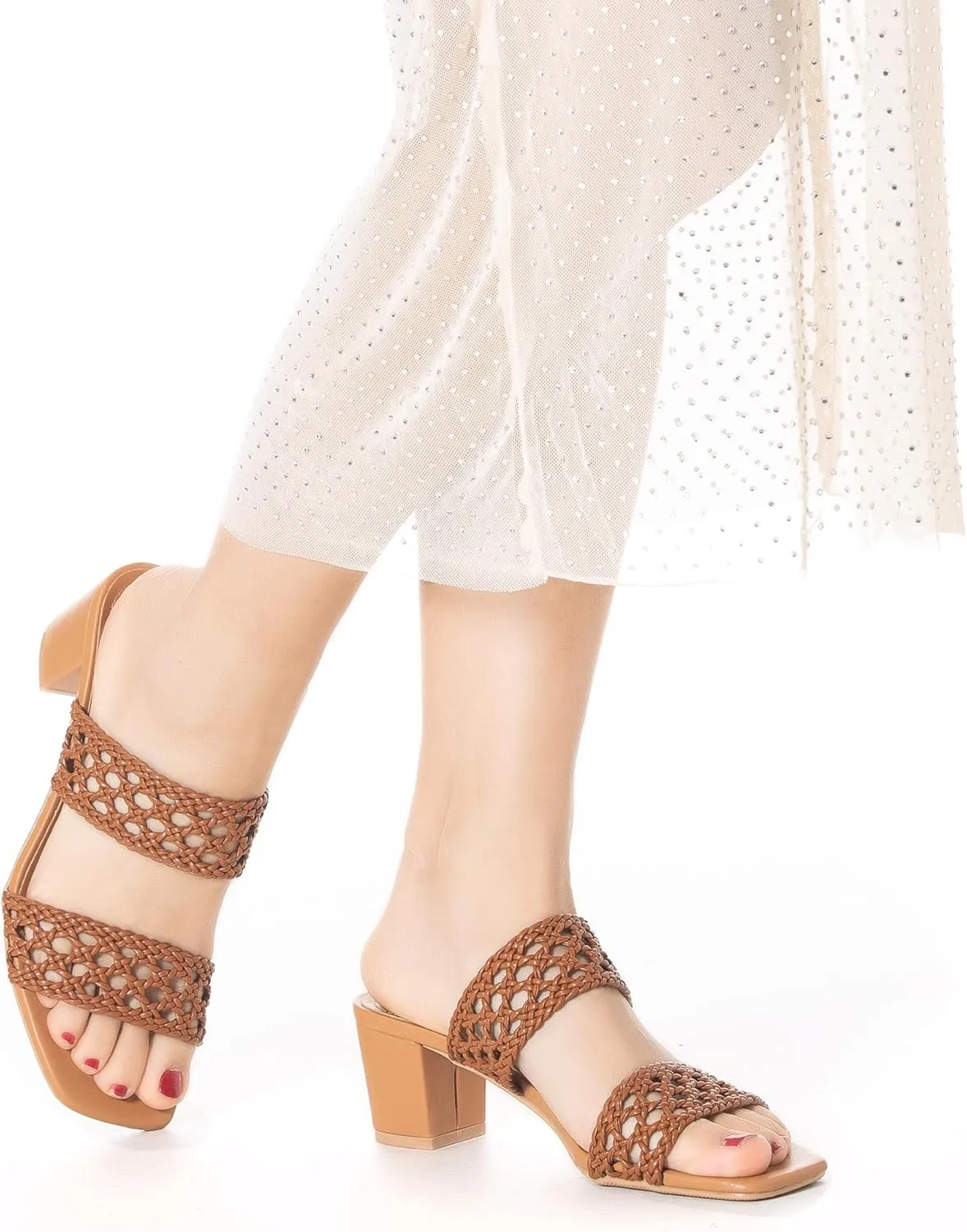 Mtzyoa Women Heels Sandals Summer Hollow Braided Strap Beach Slides Vacation Bohemian Casual Dressy Non Slip Square Toe Everyday Essentials