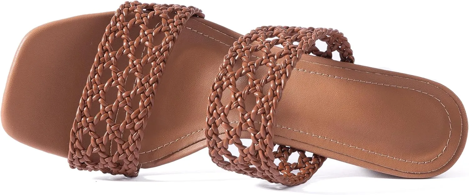 Mtzyoa Women Heels Sandals Summer Hollow Braided Strap Beach Slides Vacation Bohemian Casual Dressy Non Slip Square Toe Everyday Essentials