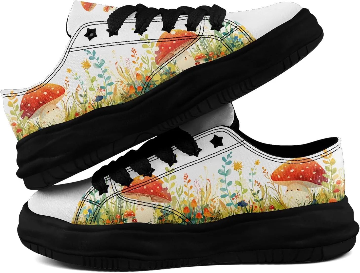 Mushroom Floral Canvas Sneakers for Women's Men's Low-Top Trendy Lace-Up Walking Casual Shoes Spring Summer Footwear